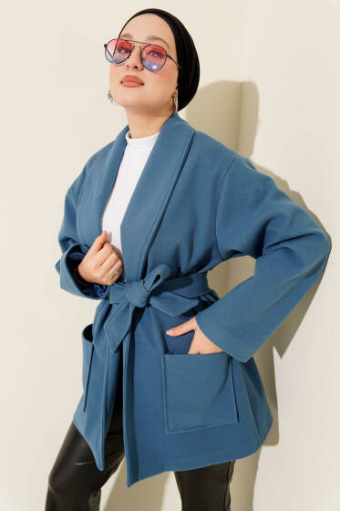 Çift Cepli Kruvaze Kuşaklı Kısa Kaban Mavi - Kaban