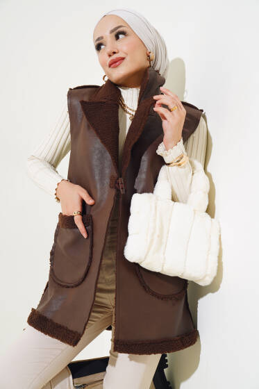 	 Çift Cepli Kürklü Deri Yelek Kahve - Yelek