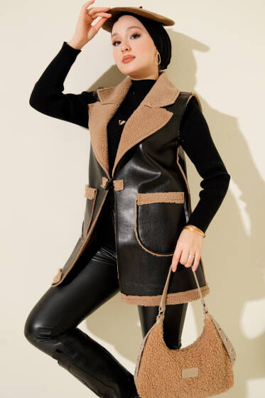 Çift Cepli Kürklü Deri Yelek Siyah Bej - Yelek