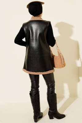 Çift Cepli Kürklü Deri Yelek Siyah Bej - Yelek