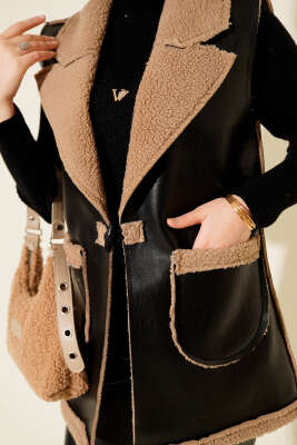 Çift Cepli Kürklü Deri Yelek Siyah Bej - Yelek