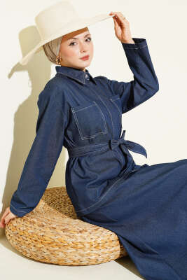 Çift Cepli Kuşaklı Etekli Kot İkili Takım İndigo - MUSTİ