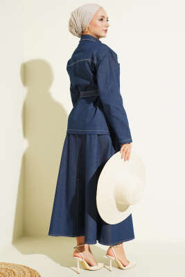 Çift Cepli Kuşaklı Etekli Kot İkili Takım İndigo - İkili Takım