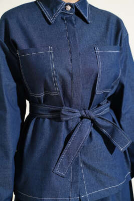 Çift Cepli Kuşaklı Etekli Kot İkili Takım İndigo - İkili Takım