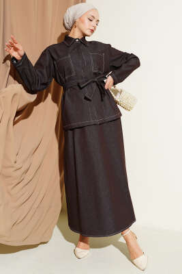 Çift Cepli Kuşaklı Etekli Kot İkili Takım Kahve - MUSTİ