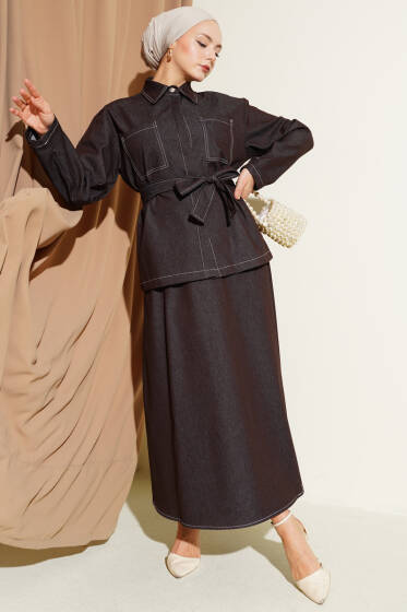 Çift Cepli Kuşaklı Etekli Kot İkili Takım Kahve - İkili Takım