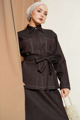 Çift Cepli Kuşaklı Etekli Kot İkili Takım Kahve - İkili Takım