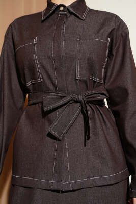 Çift Cepli Kuşaklı Etekli Kot İkili Takım Kahve - İkili Takım