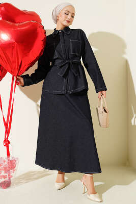 Çift Cepli Kuşaklı Etekli Kot İkili Takım Lacivert - MUSTİ