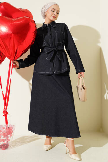 Çift Cepli Kuşaklı Etekli Kot İkili Takım Lacivert - İkili Takım