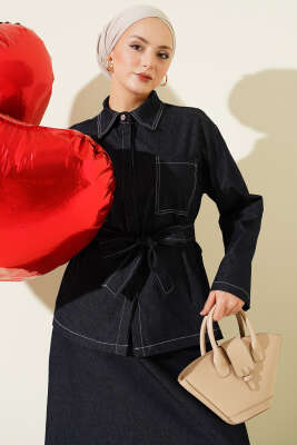 Çift Cepli Kuşaklı Etekli Kot İkili Takım Lacivert - İkili Takım