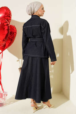 Çift Cepli Kuşaklı Etekli Kot İkili Takım Lacivert - İkili Takım