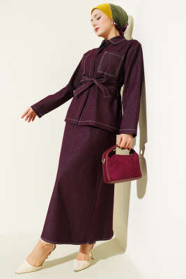 Çift Cepli Kuşaklı Etekli Kot İkili Takım Mürdüm - MUSTİ