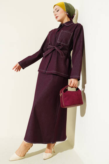 Çift Cepli Kuşaklı Etekli Kot İkili Takım Mürdüm - İkili Takım