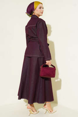 Çift Cepli Kuşaklı Etekli Kot İkili Takım Mürdüm - İkili Takım