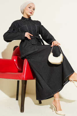 Çift Cepli Kuşaklı Etekli Kot İkili Takım Siyah - MUSTİ