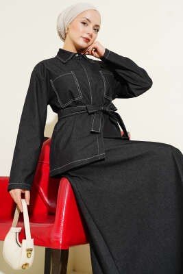 Çift Cepli Kuşaklı Etekli Kot İkili Takım Siyah - İkili Takım