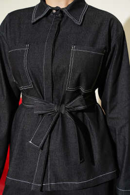 Çift Cepli Kuşaklı Etekli Kot İkili Takım Siyah - İkili Takım