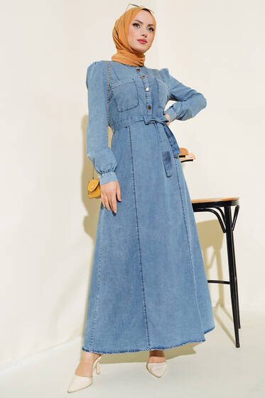 Çift Cepli Kuşaklı Kot Elbise Kot Mavisi - Elbise