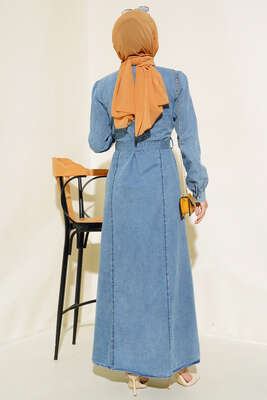 Çift Cepli Kuşaklı Kot Elbise Kot Mavisi - Tesettür Elbise