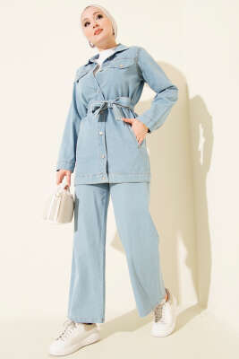 Çift Cepli Kuşaklı Kot İkili Takım Açık Mavi - TEGOE
