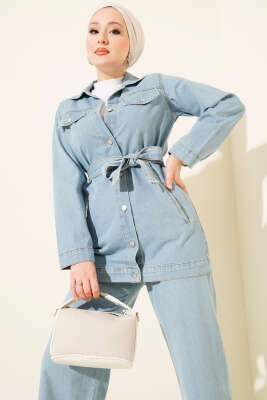 Çift Cepli Kuşaklı Kot İkili Takım Açık Mavi - İkili Takım