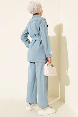 Çift Cepli Kuşaklı Kot İkili Takım Açık Mavi - İkili Takım