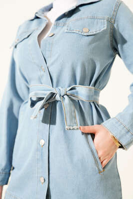 Çift Cepli Kuşaklı Kot İkili Takım Açık Mavi - İkili Takım