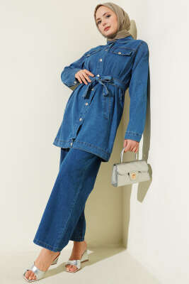 Çift Cepli Kuşaklı Kot İkili Takım Kot Mavisi 