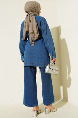 Çift Cepli Kuşaklı Kot İkili Takım Kot Mavisi - İkili Takım