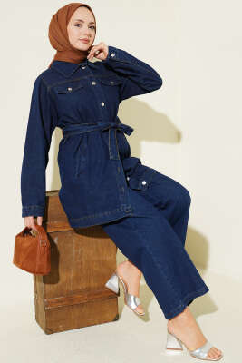 Çift Cepli Kuşaklı Kot İkili Takım Lacivert - İkili Takım