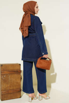 Çift Cepli Kuşaklı Kot İkili Takım Lacivert - İkili Takım