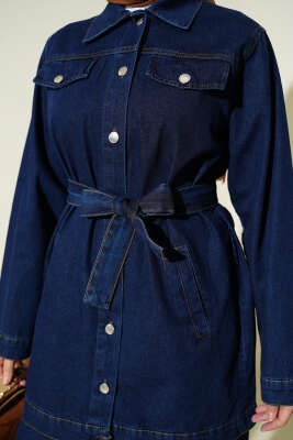 Çift Cepli Kuşaklı Kot İkili Takım Lacivert - İkili Takım