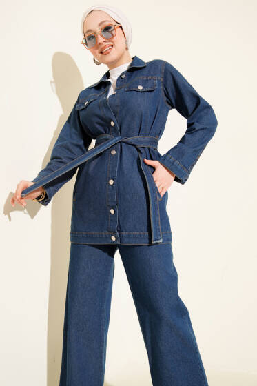 Çift Cepli Kuşaklı Kot İkili Takım Mavi - İkili Takım