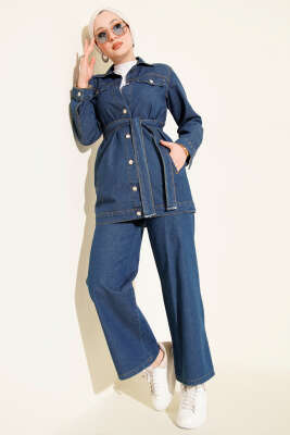 Çift Cepli Kuşaklı Kot İkili Takım Mavi - İkili Takım