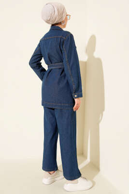 Çift Cepli Kuşaklı Kot İkili Takım Mavi - İkili Takım