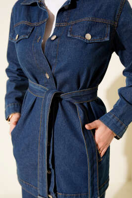 Çift Cepli Kuşaklı Kot İkili Takım Mavi - İkili Takım