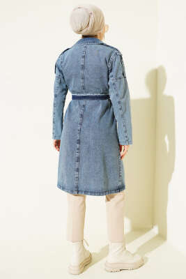 Çift Cepli Kuşaklı Kot Trençkot Açık Mavi - Trençkot