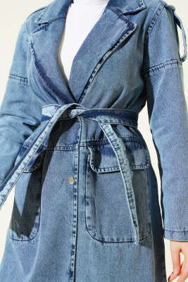 Çift Cepli Kuşaklı Kot Trençkot Açık Mavi - Trençkot