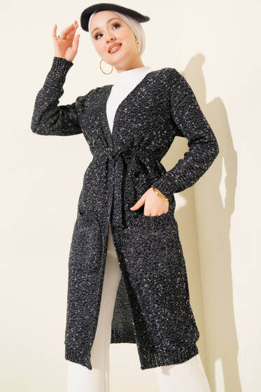 Çift Cepli Kuşaklı Triko Hırka Antrasit - Hırka