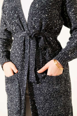 Çift Cepli Kuşaklı Triko Hırka Antrasit - Hırka