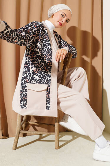 Çift Cepli Leopar Garnili İkili Takım Bej - İkili Takım