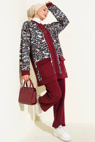 Çift Cepli Leopar Garnili İkili Takım Bordo - İkili Takım