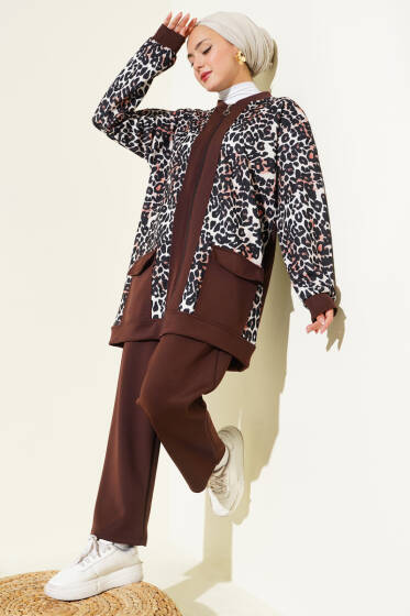 Çift Cepli Leopar Garnili İkili Takım Kahve - İkili Takım