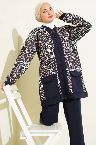 Çift Cepli Leopar Garnili İkili Takım Lacivert - İkili Takım