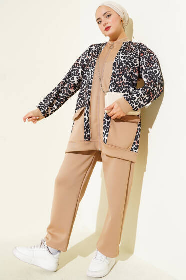 Çift Cepli Leopar Garnili İkili Takım Latte - İkili Takım