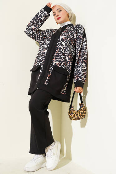 Çift Cepli Leopar Garnili İkili Takım Siyah - İkili Takım