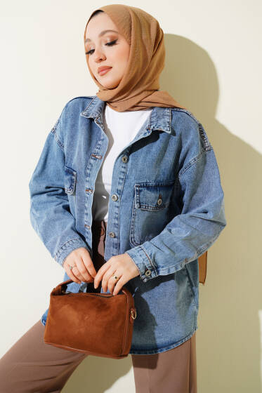 Çift Cepli Manşet Düğmeli Kot Ceket Mavi - Ceket