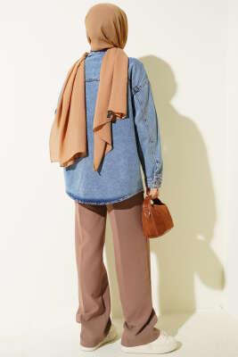 Çift Cepli Manşet Düğmeli Kot Ceket Mavi - Ceket