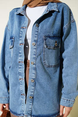 Çift Cepli Manşet Düğmeli Kot Ceket Mavi - Ceket